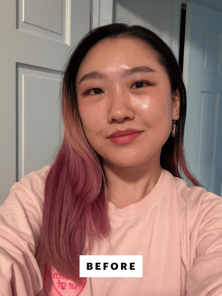 A selfie of Allure commerce editor Sarah Han before washing her hair and applying the Roz Root Lift Spray